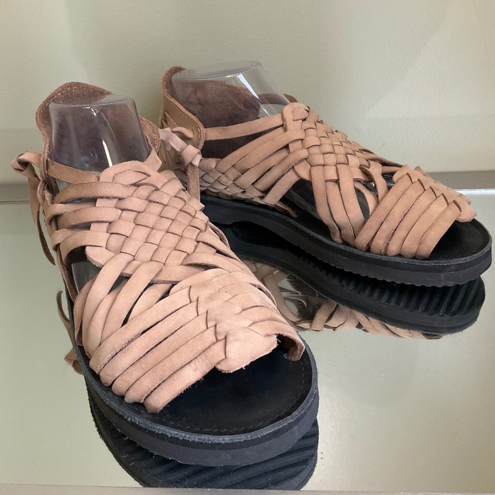 ESPIRITU Tan Leather Woven Huarache Sandals Wmns 9 Handmade Platform Boho Sandal